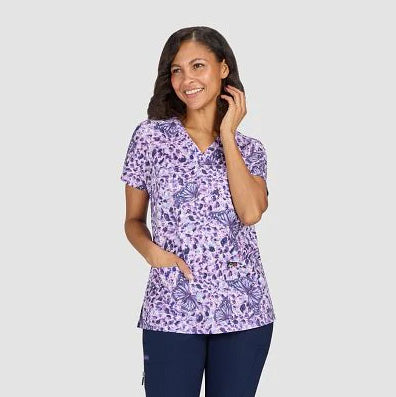 Koi Womens Printed Scrub Top - Butterfly French Lavender