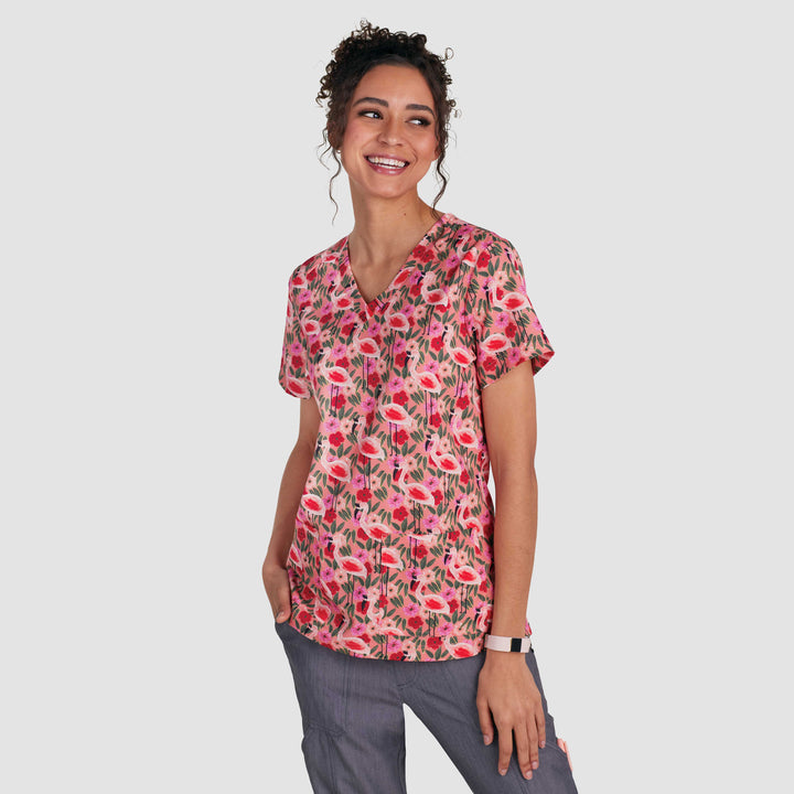 Womens Printed Scrub Top - Flamingo and Flowers