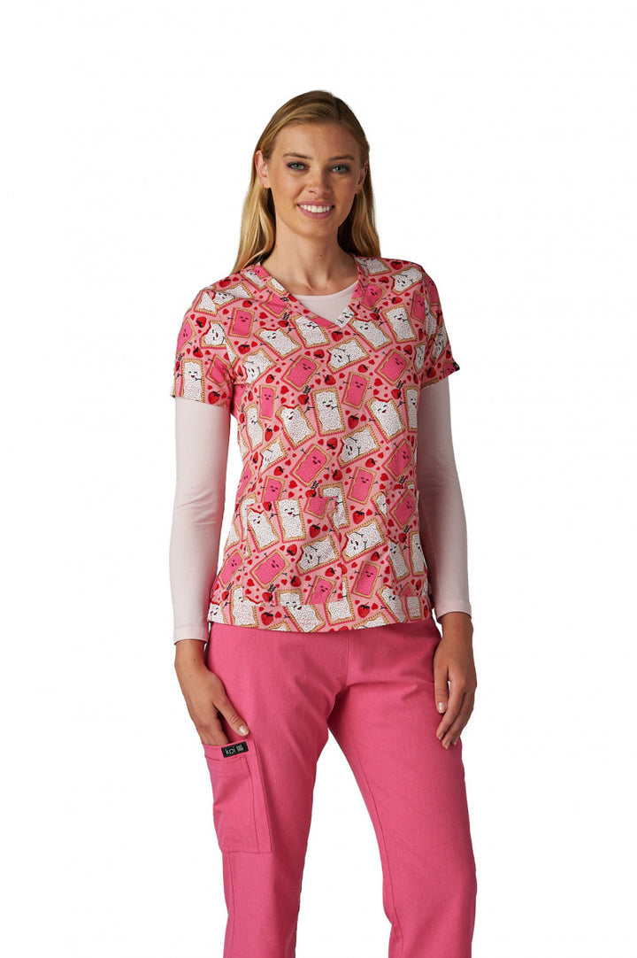 Koi Womens Printed Scrub Top - I Love You From The Bottom Of My Tart