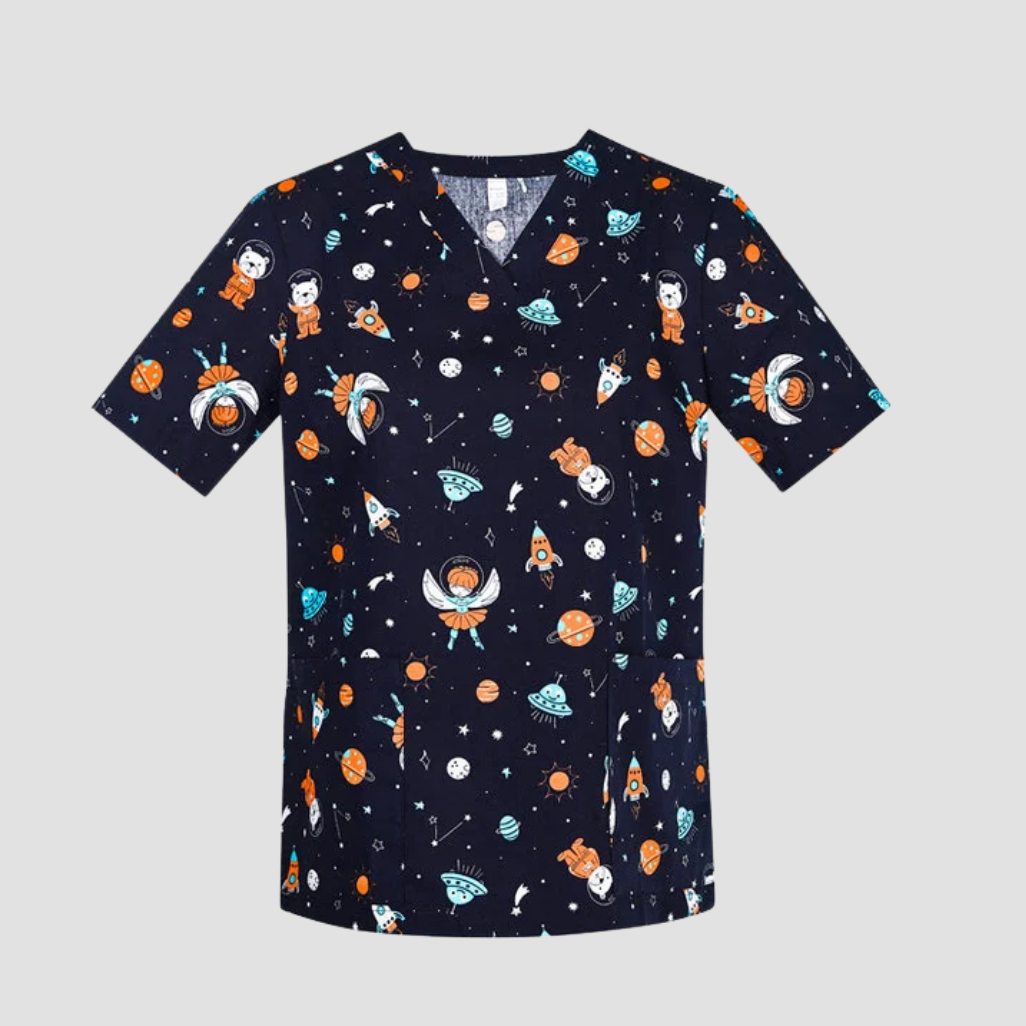 Womens Printed Scrub Top - Space Party - 2XL | 3XL