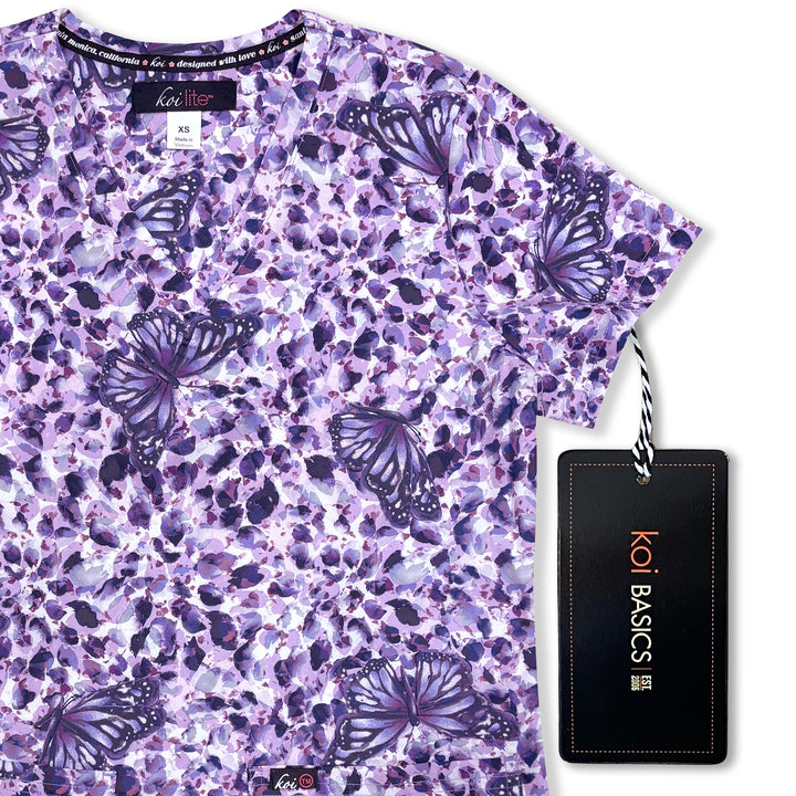 Koi Womens Printed Scrub Top - Butterfly French Lavender