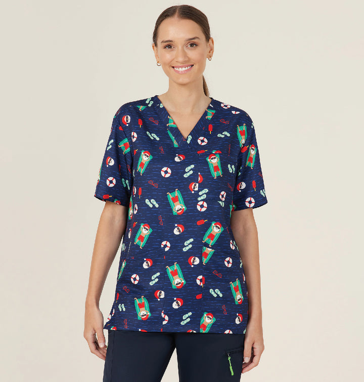 NNT - Unisex Christmas Printed Scrub Top - Navy Pool Party
