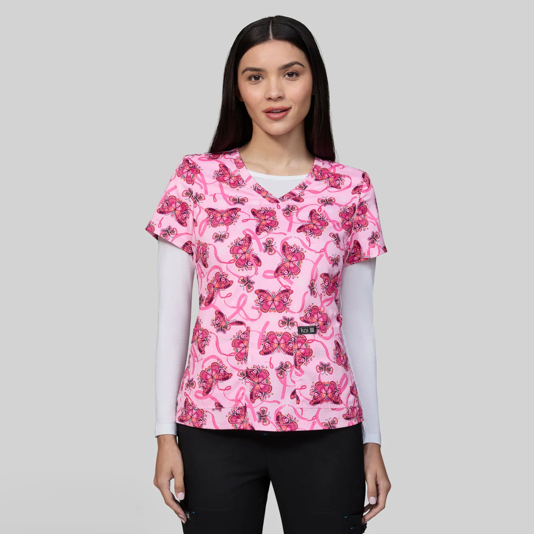 Koi Womens Printed Scrub Top - Floating Ribbons