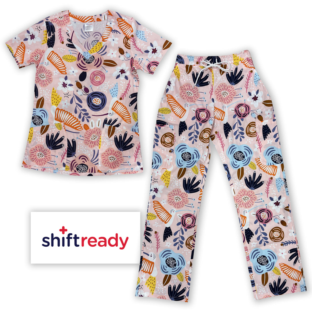 Womens Shiftready Pink Hummingbird Scrub Set