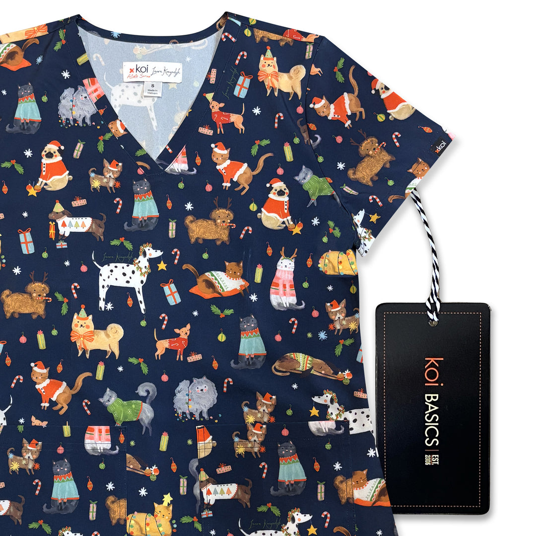 Koi Womens Printed Scrub Top - Fa la la la la