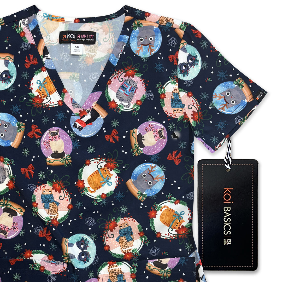 Koi Womens Printed Scrub Top - Holiday Cats