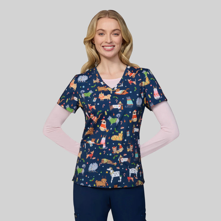 Koi Womens Printed Scrub Top - Fa la la la la