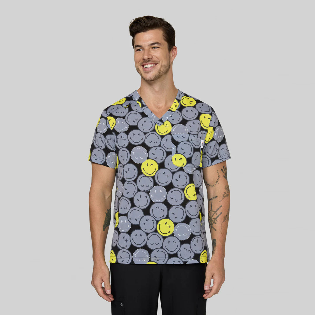 Koi Mens Printed Scrub Top - Smiley World Confident