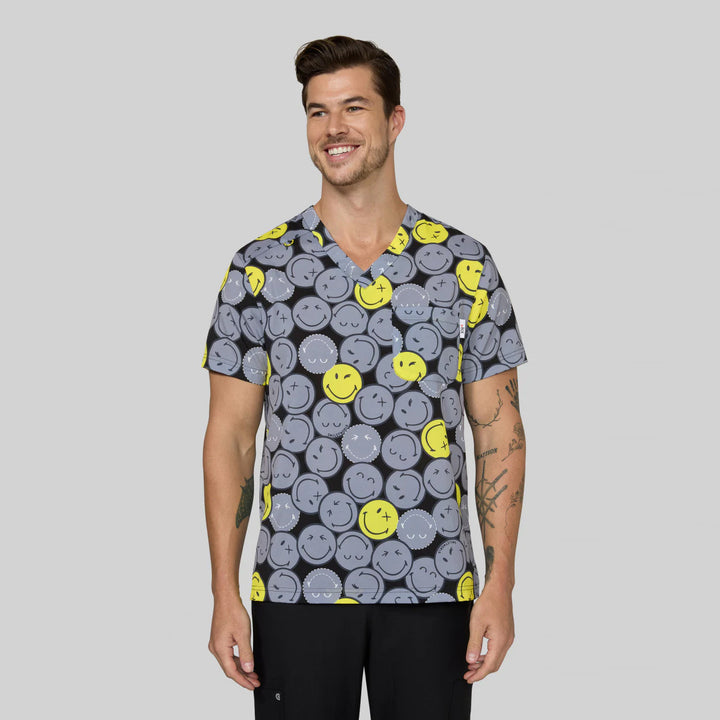 Koi Mens Printed Scrub Top - Smiley World Confident