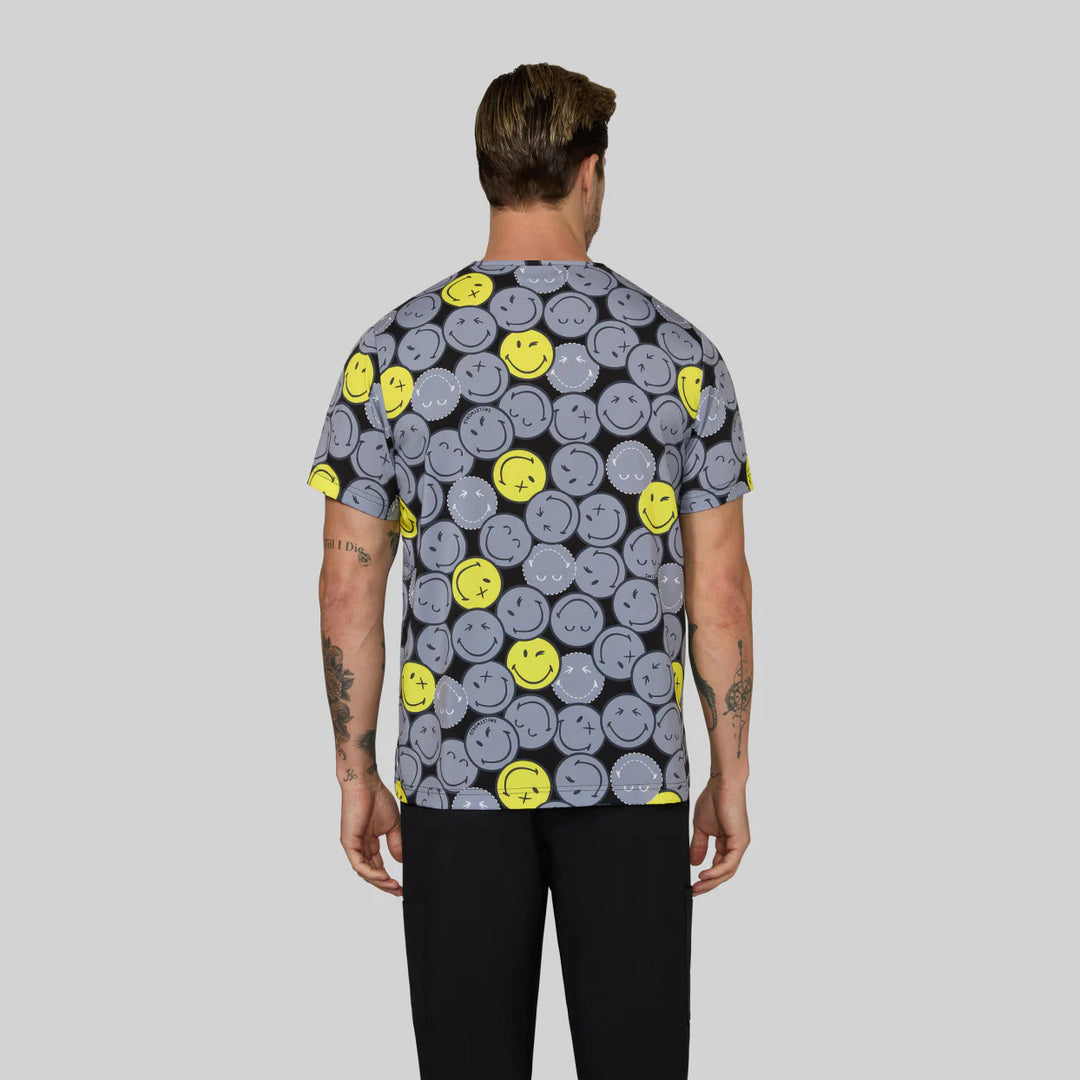 Koi Mens Printed Scrub Top - Smiley World Confident