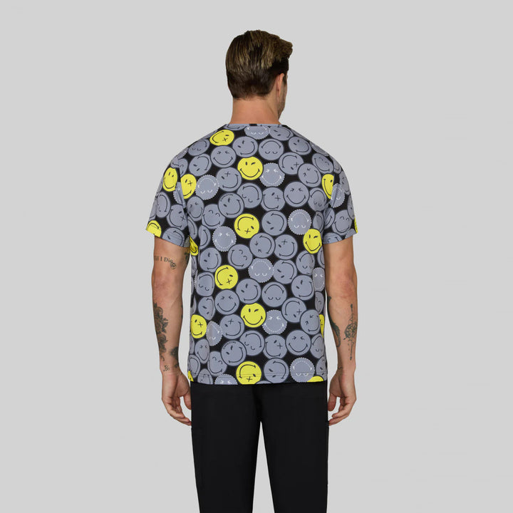 Koi Mens Printed Scrub Top - Smiley World Confident