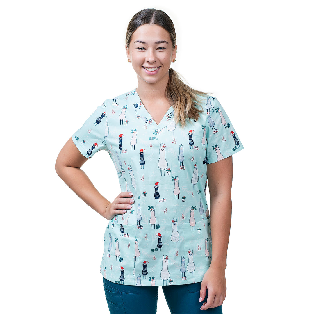Womens Printed Scrub Top - Christmas Llama