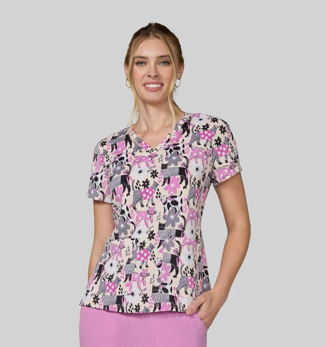 Koi Womens Printed Scrub Top - Everyday Floral Cats