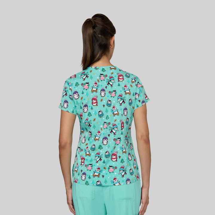 Koi Womens Printed Scrub Top - Christmas Penguins
