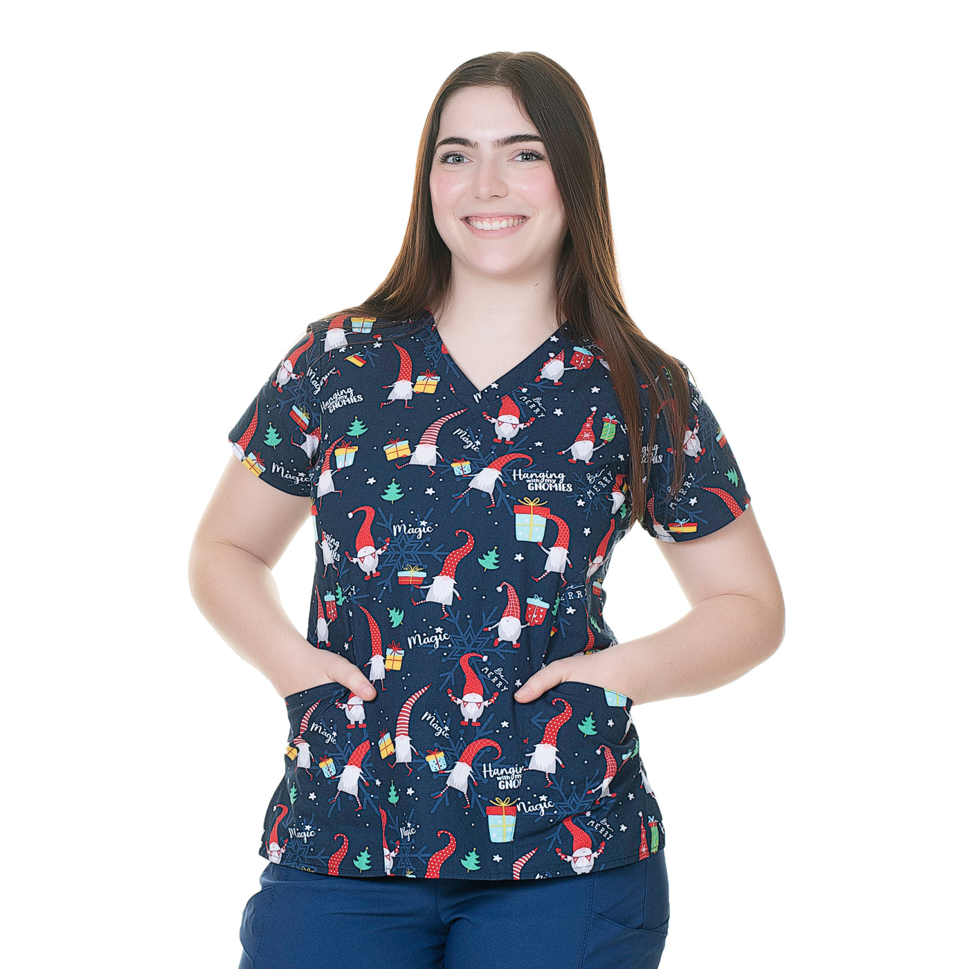 Womens Printed Scrub Top - Hanging With My Gnomies
