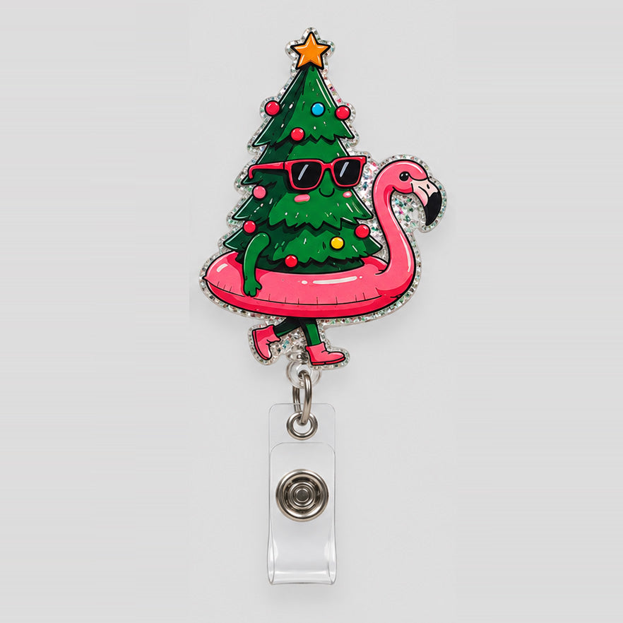 Festive Flamingo Christmas Tree Retractable ID Badge