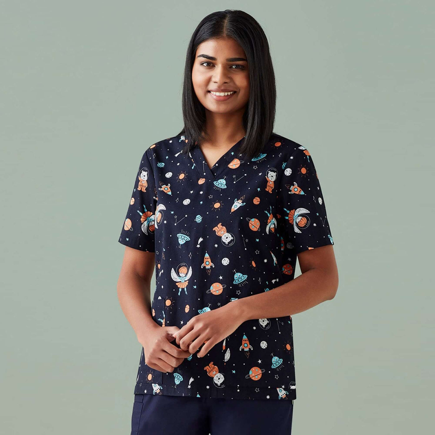 Womens Printed Scrub Top - Space Party