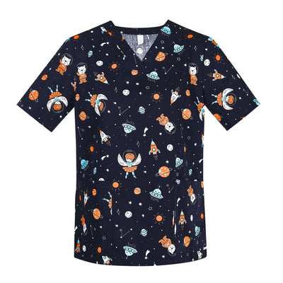 Womens Printed Scrub Top - Space Party