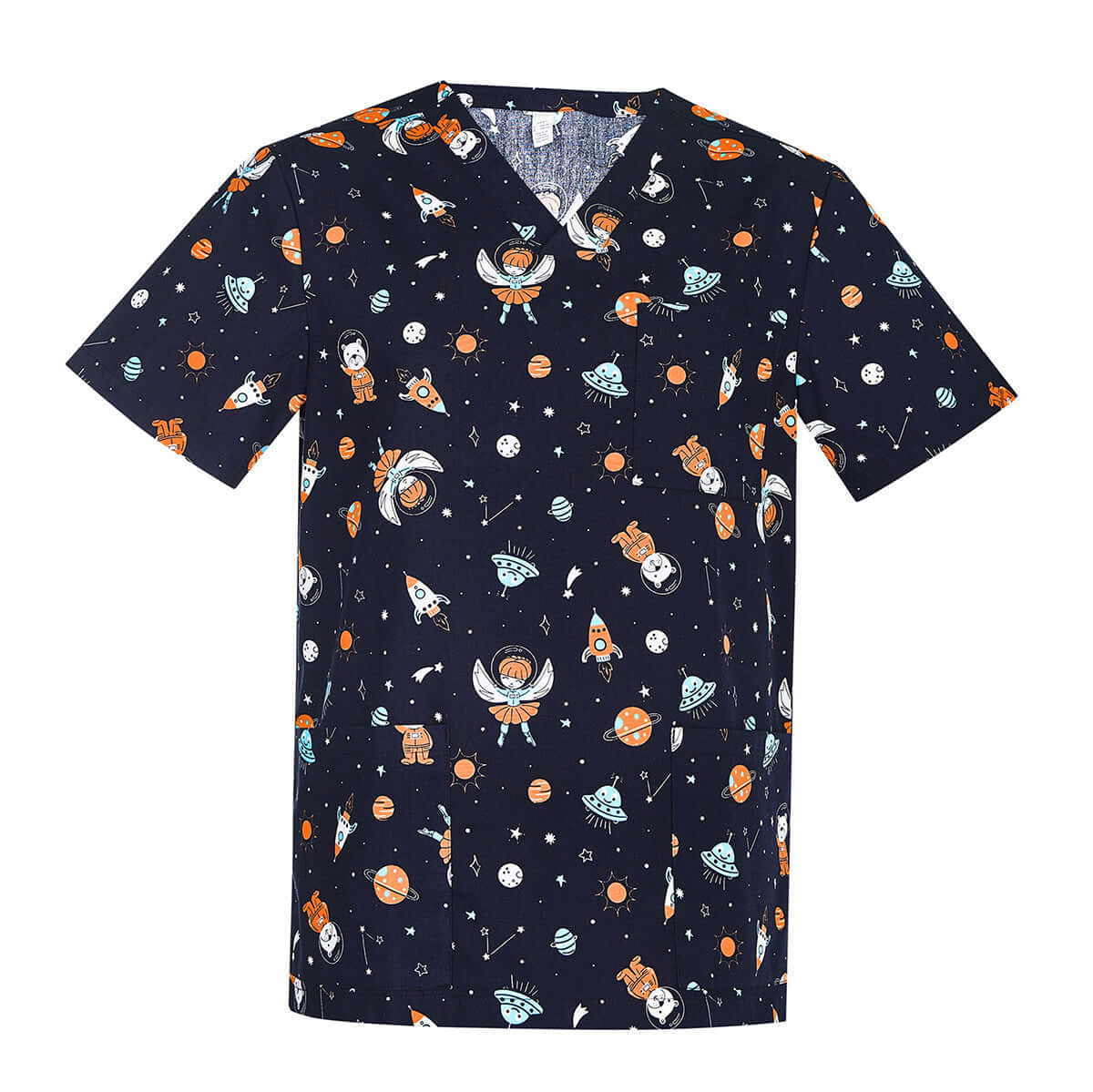 Mens Printed Scrub Top - Space Party