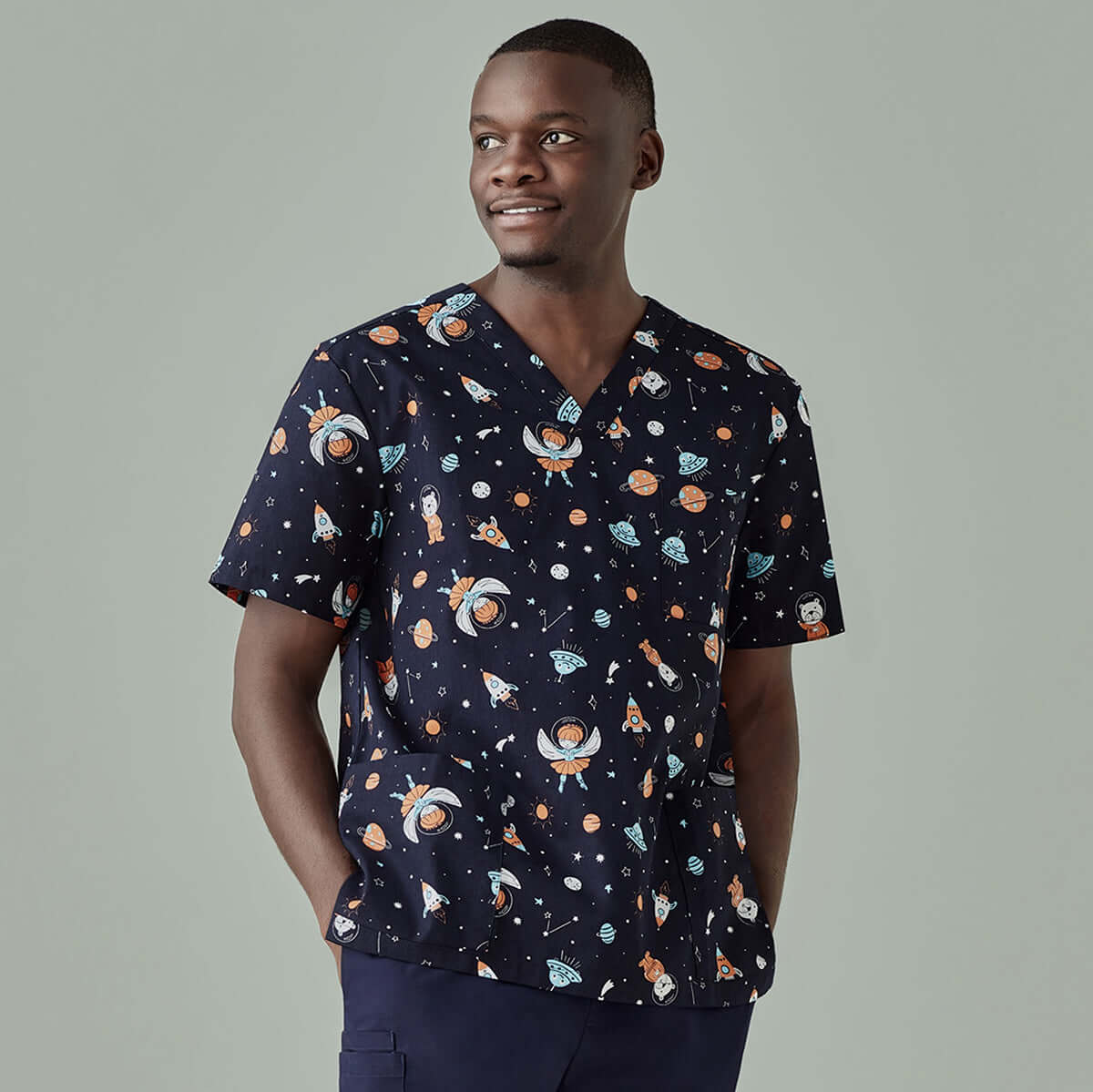 Mens Printed Scrub Top - Space Party