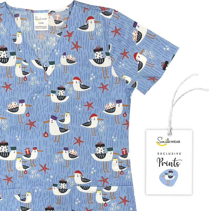 Womens Printed Scrub Top - Christmas Seagull